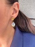 Orecchini Pendenti Fiore Blu in Ceramica e Oro