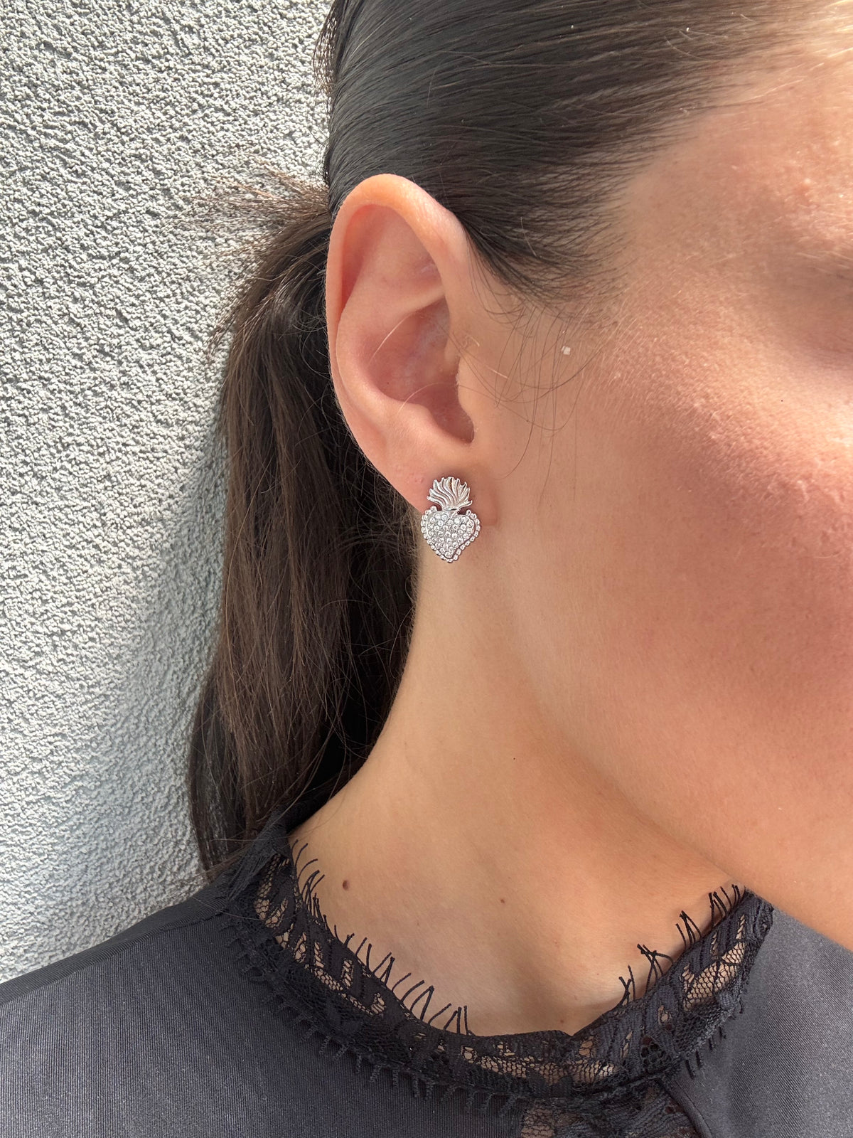 Orecchini Cuore Sacro Pavè Argento & Oro
