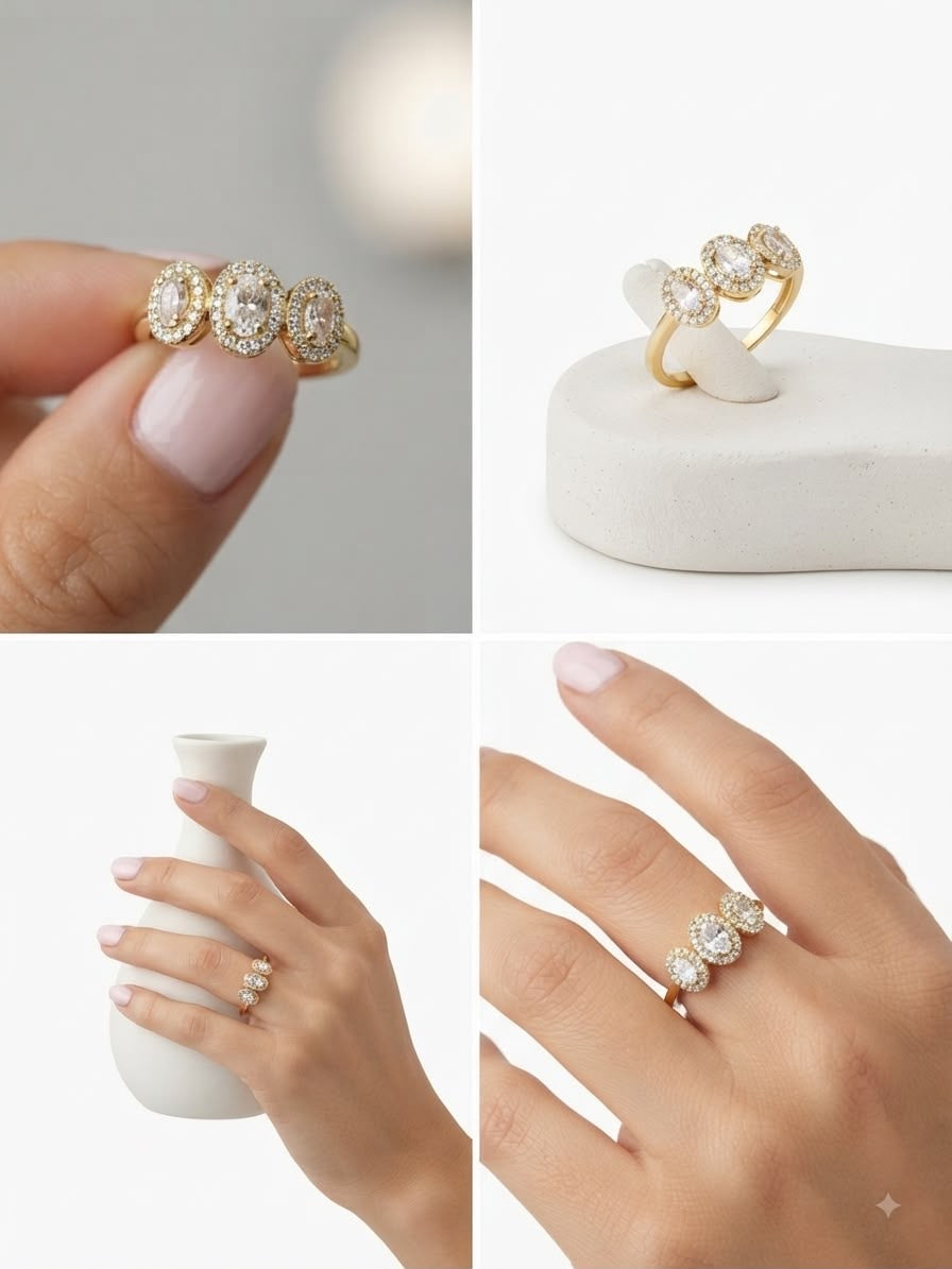 Anello Trinità con Pietre Ovali e Pavè di Zirconi