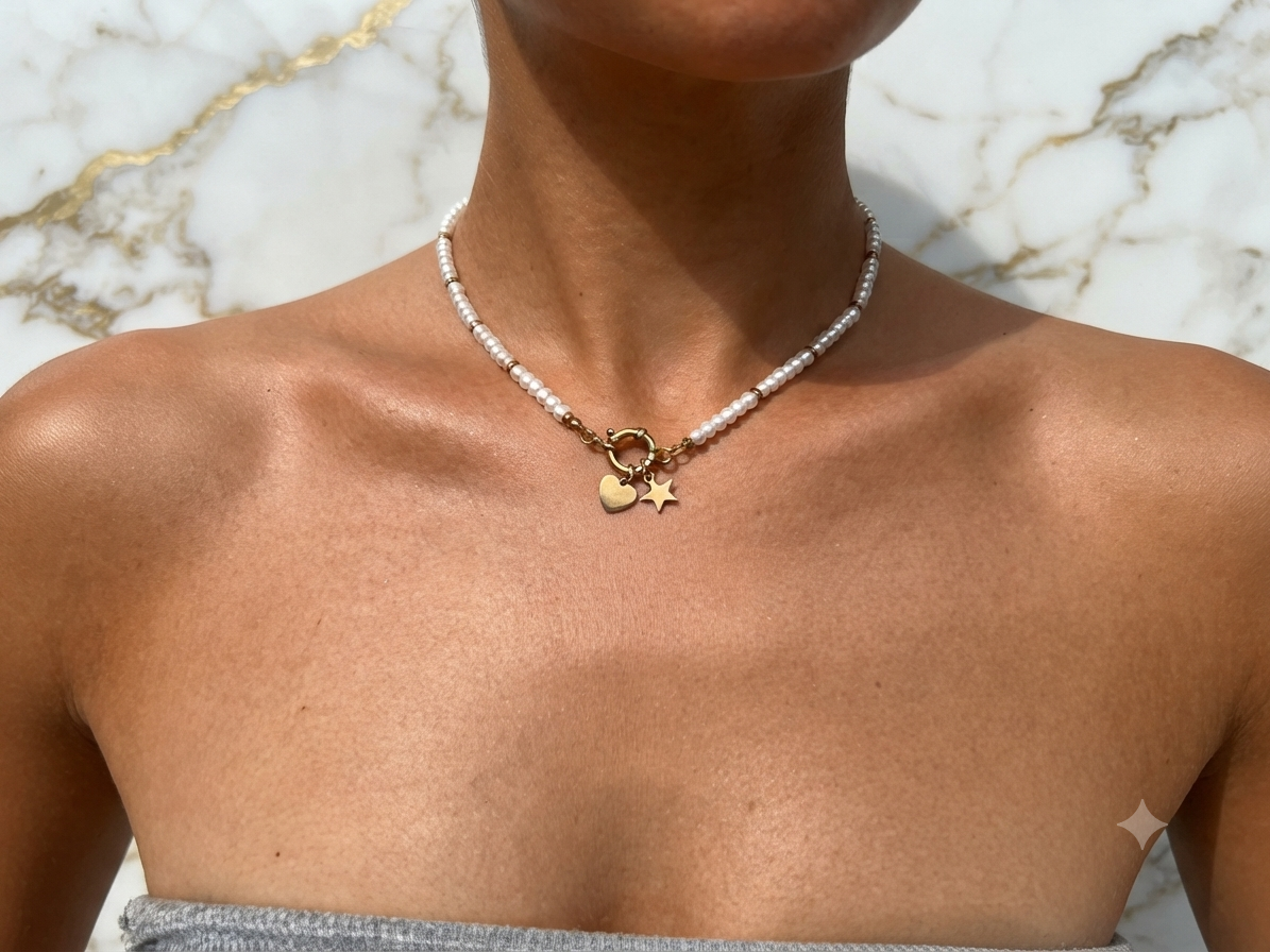 Collana "Perle e Sogni" – Girocollo con Perline Bianche e Charm